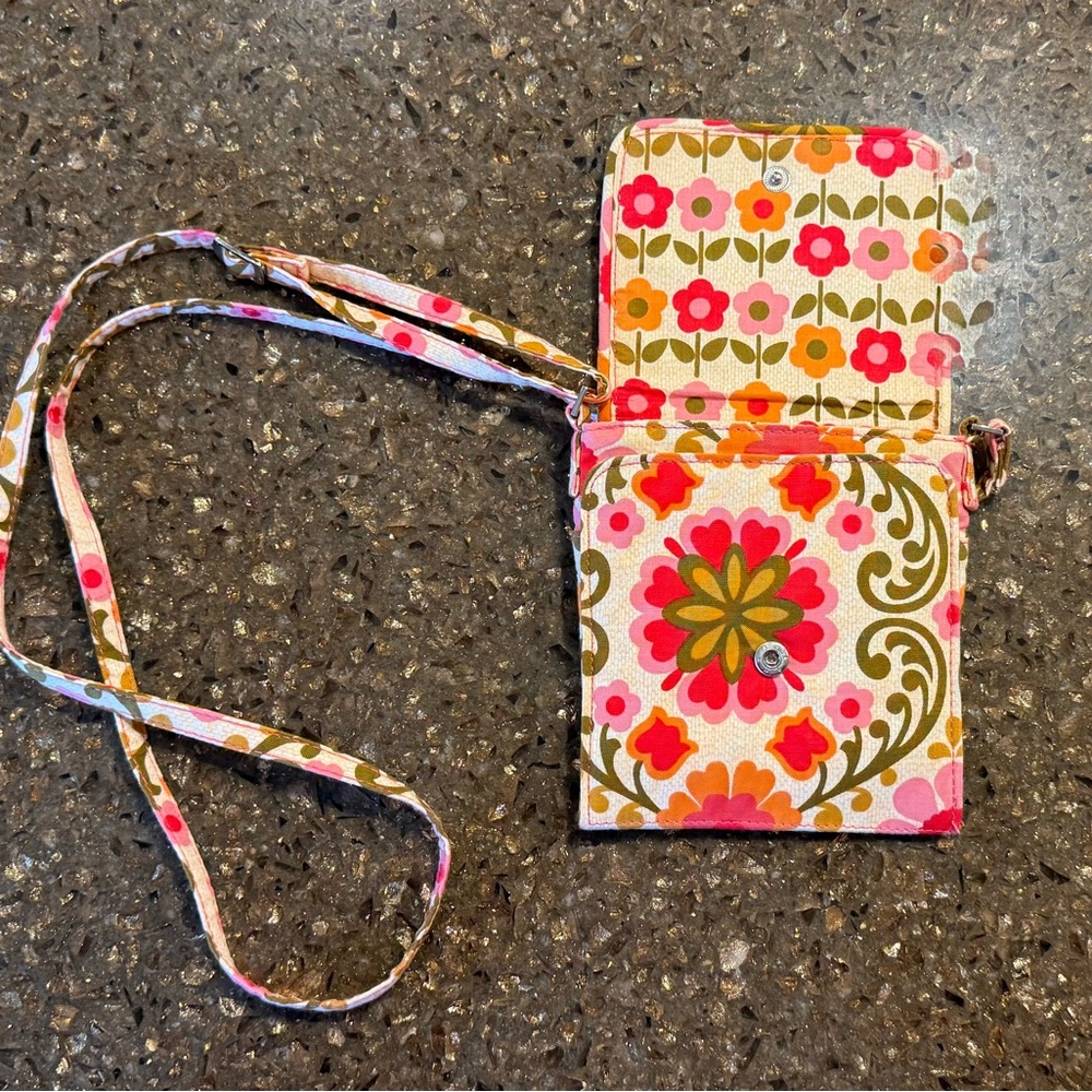 Vera Bradley Folkloric Crossbody Card Holder in Pink, Olive & Orange NWOT